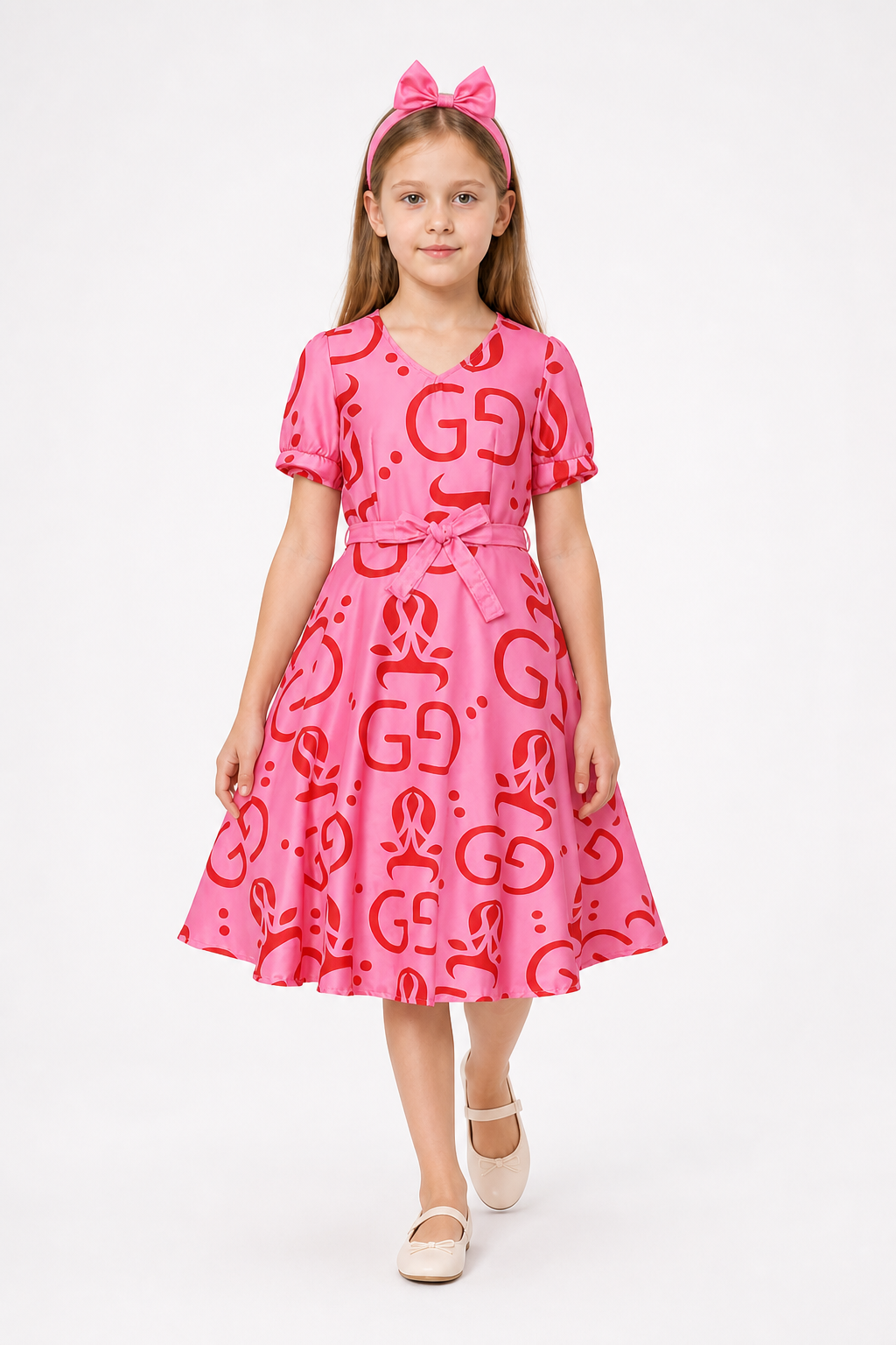 Children's Pink Dress with Red Print and Headband Costume Dresses detail 2