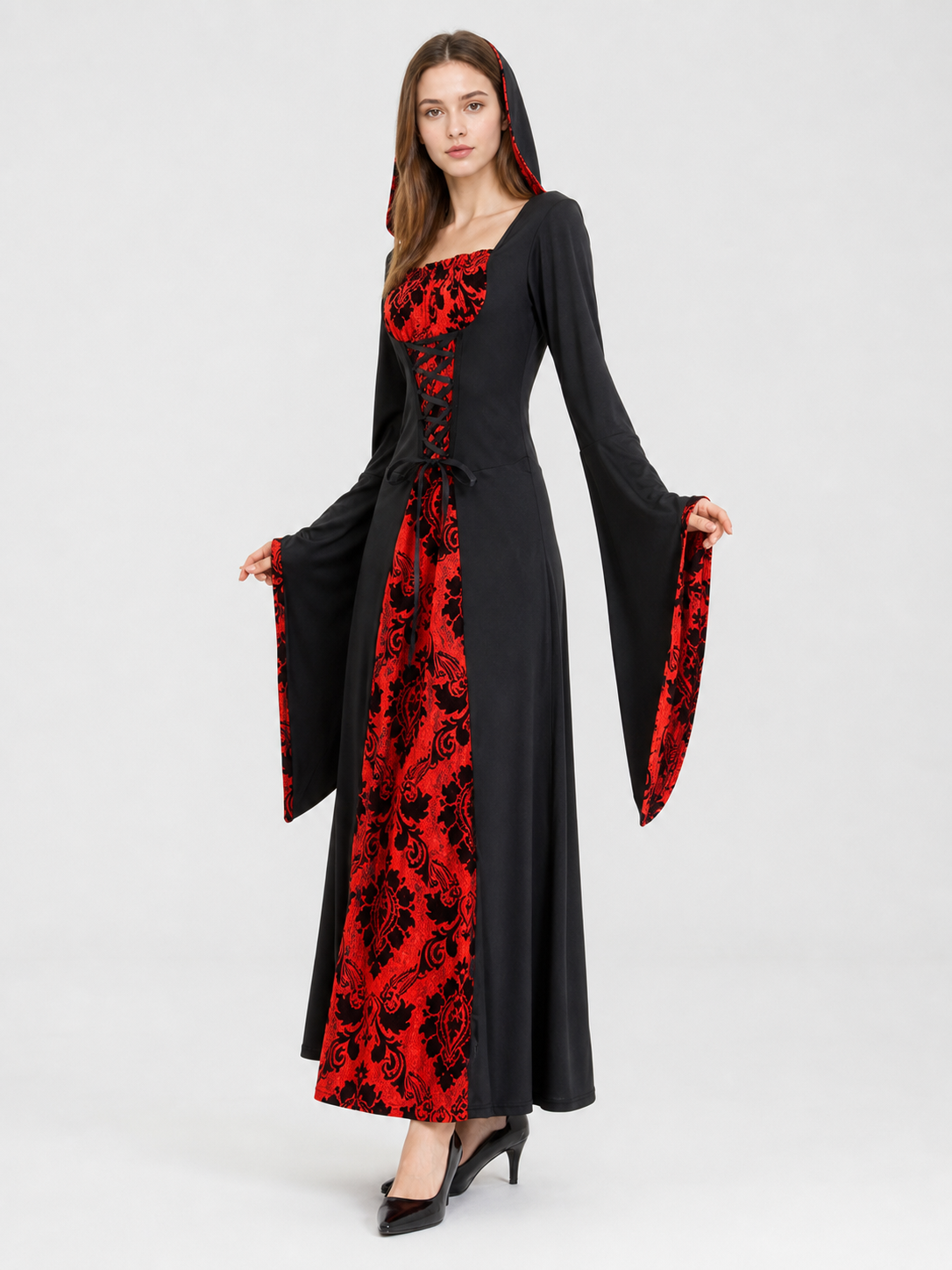 Gothic Hooded Dress with Red Pattern