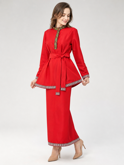 Red Tunic with Ornament, Stand-Up Collar, and Belt