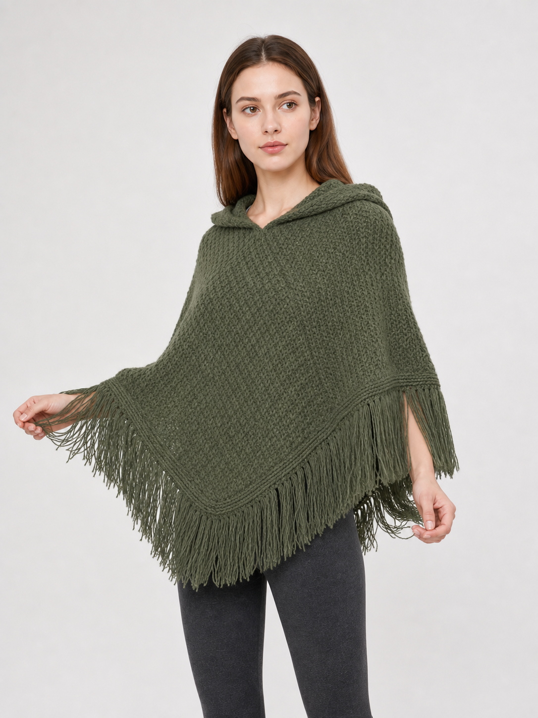 Triangular Hooded Poncho Cape with Belt