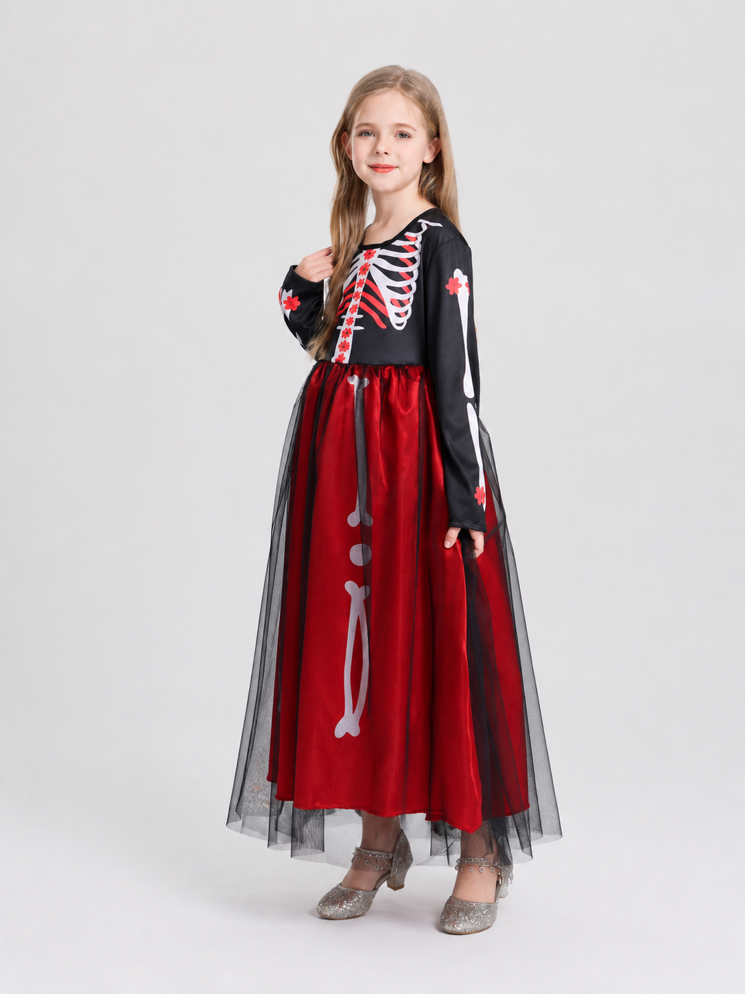 Halloween Skeleton with Roses Black and Red Dress Costume Dresses detail