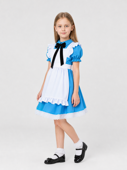 Dress with an apron, stand collar, and ruffles