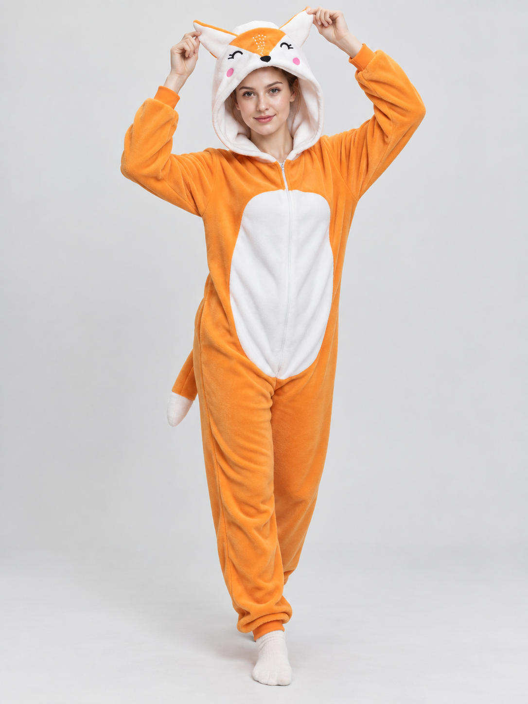 Orange Hooded Fox Design Pajama Jumpsuit