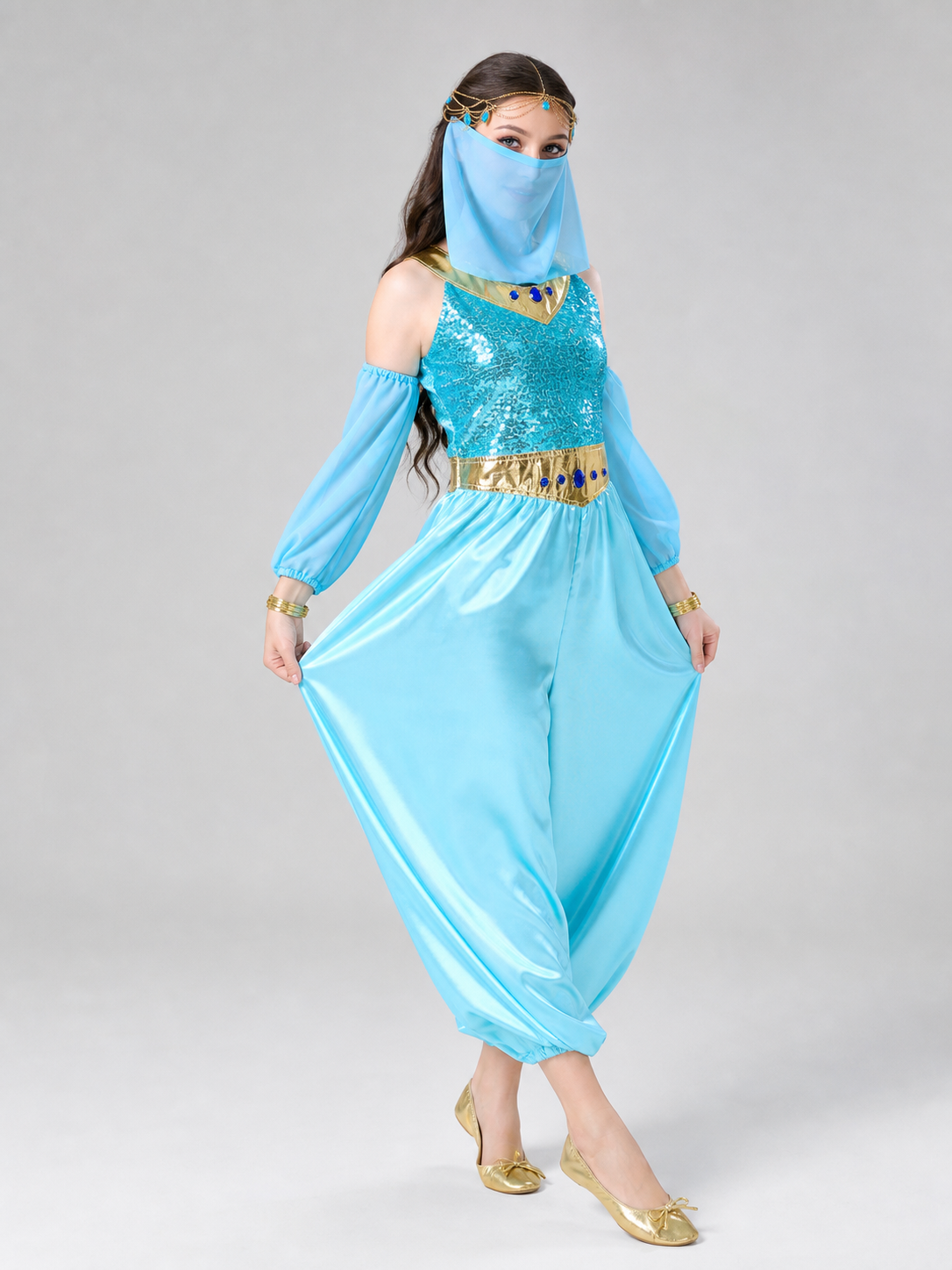 The princess costume is designed in an Arabic style and includes a light blue Costumes detail