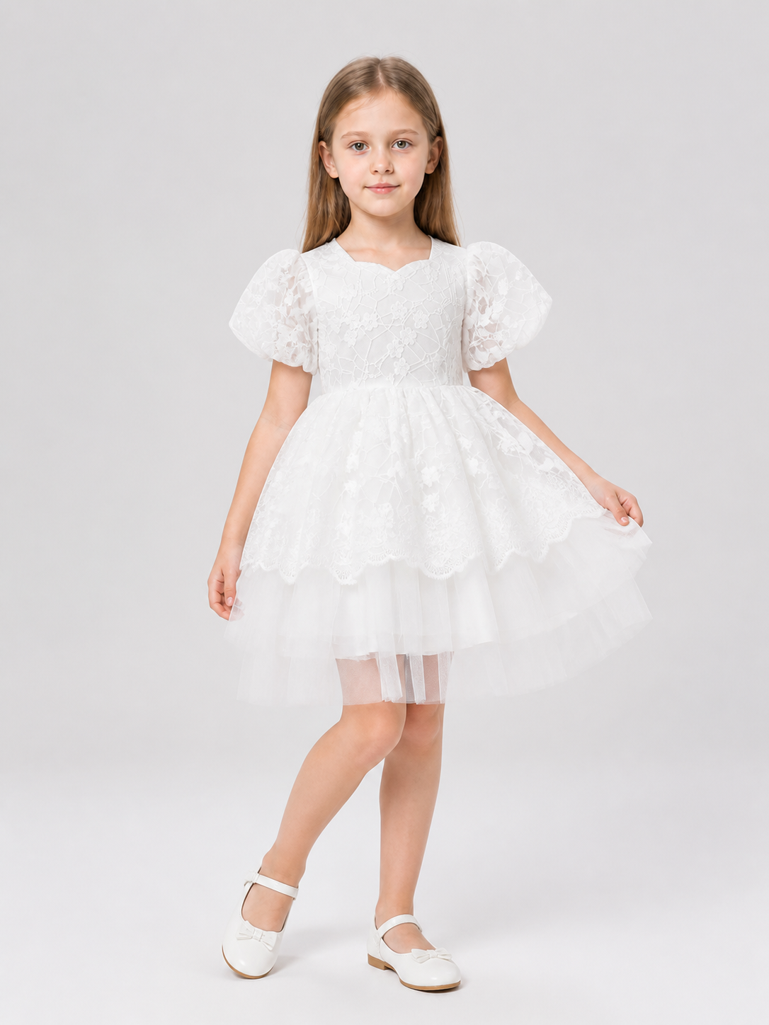 White Princess Dress for Girls with Lace and Full Skirt Costume Dresses detail 2