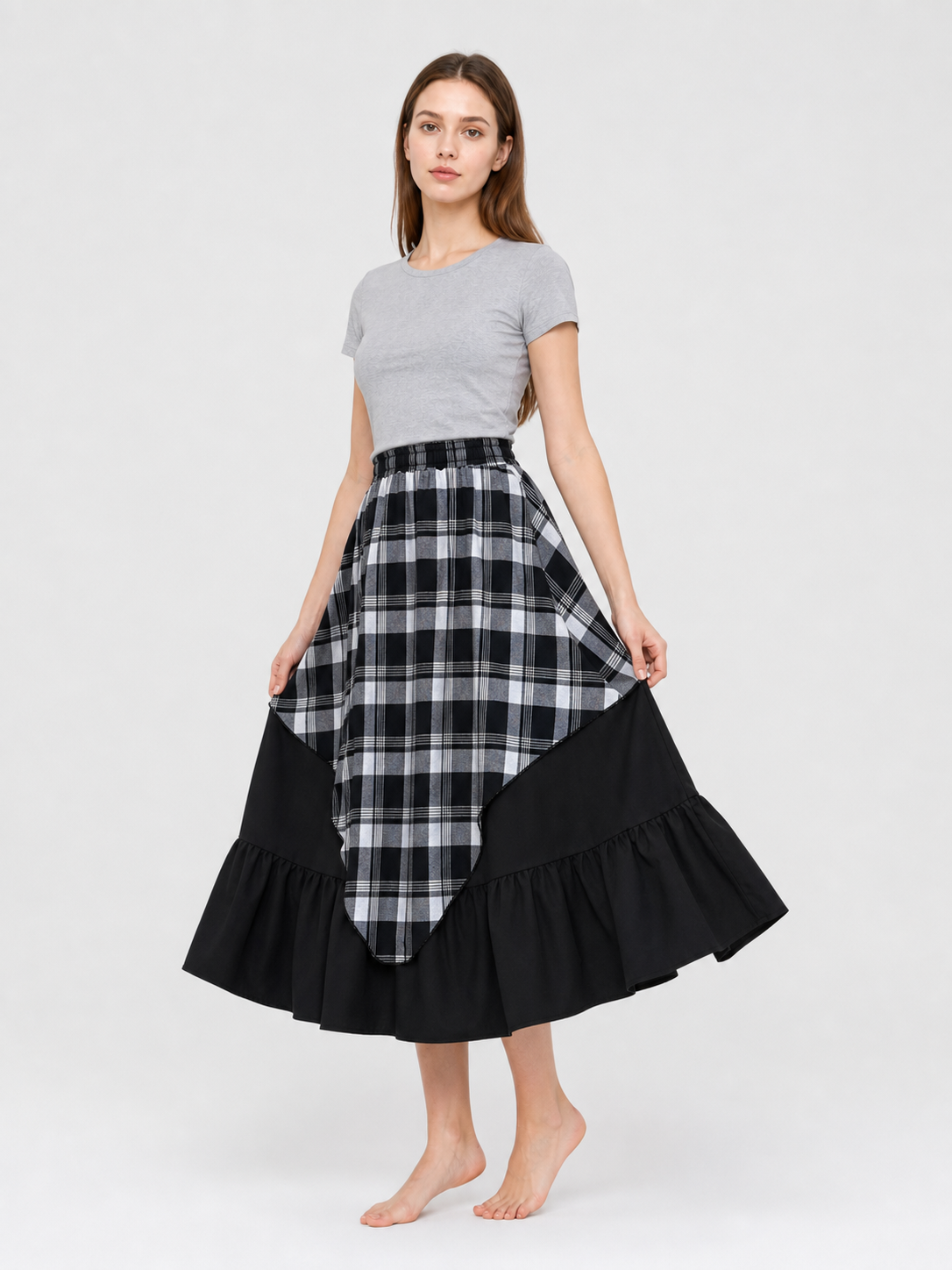Layered Plaid Skirt with Asymmetrical Draping