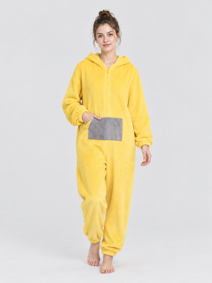 Yellow Cartoon Hooded Jumpsuit Pajama