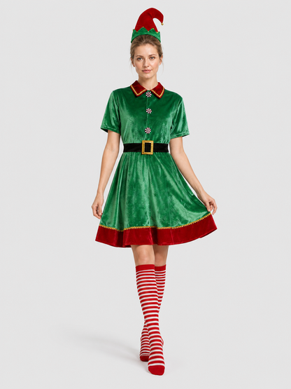 Christmas Elf Costume: Dress, Hat, Belt, and Socks