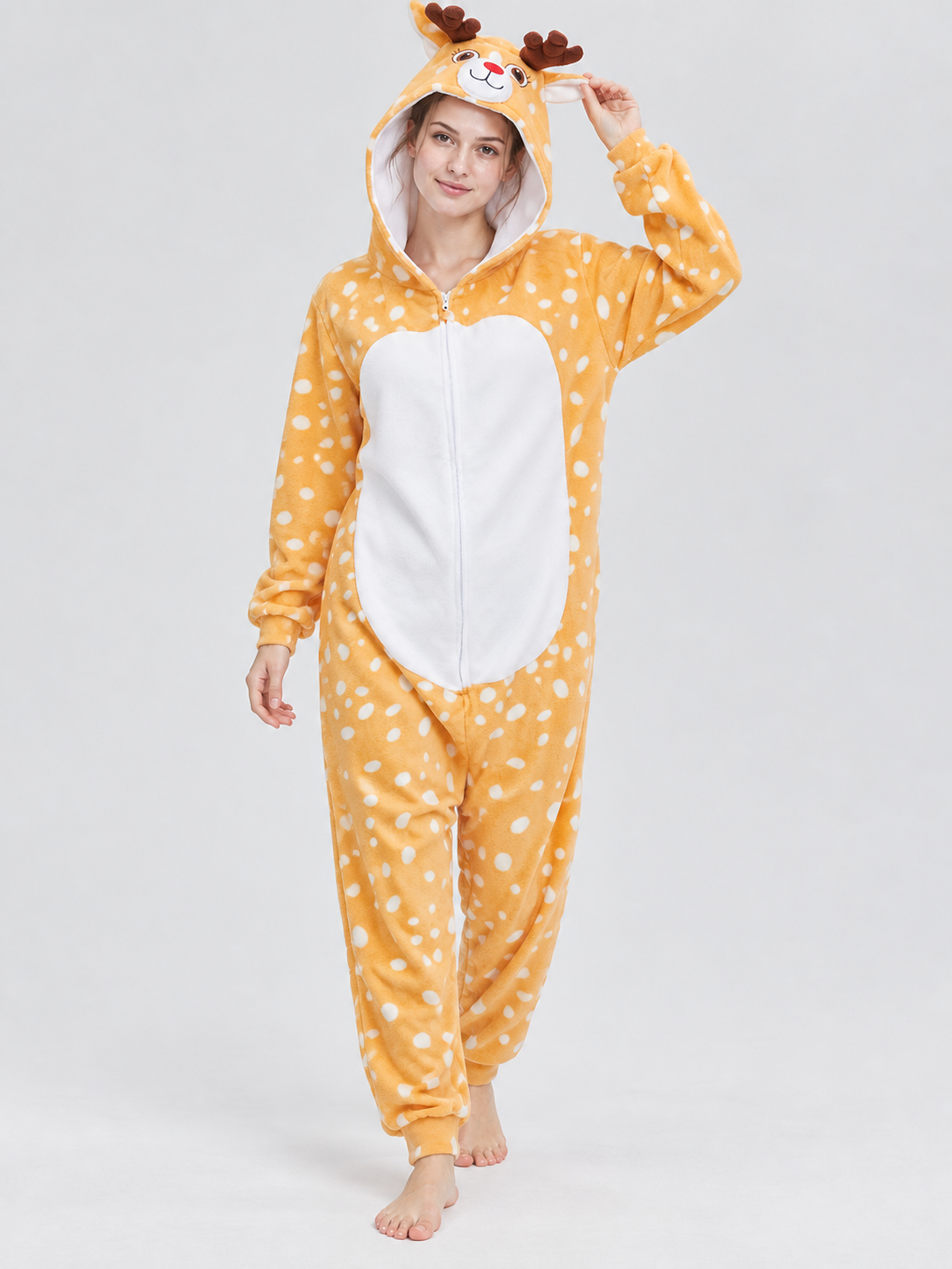 Yellow-Orange Fleece Pajama Jumpsuit with White Spots