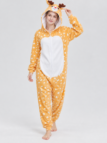 Yellow-Orange Fleece Pajama Jumpsuit with White Spots