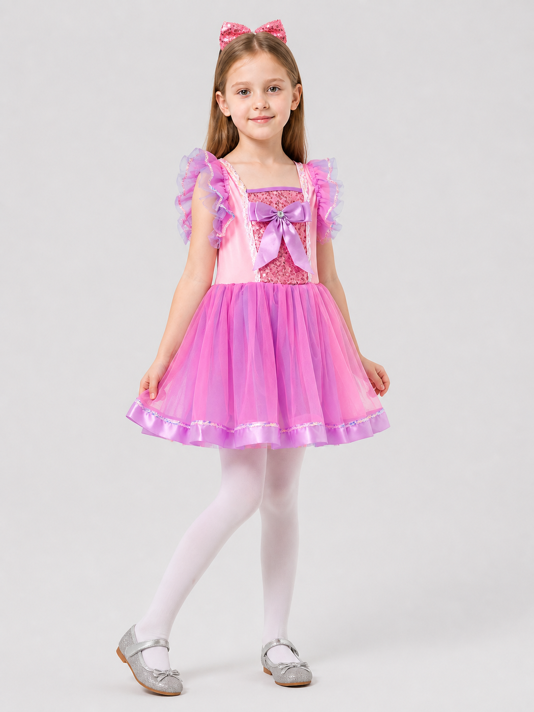 Girls' Fluffy Tutu Dress with a Bow and Sequins for Stage Performances Costume Dresses detail