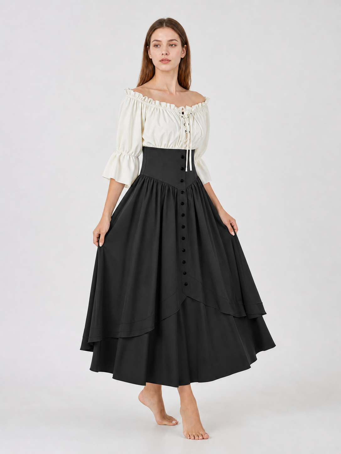 Vintage-Style Off-the-Shoulder Dress with Lacing
