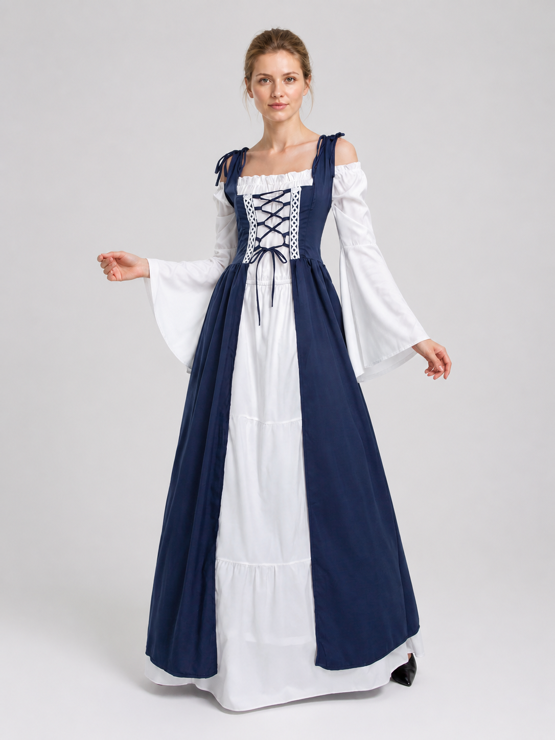 Retro Stage Dress with White Sleeves, Blue, M-XXL
