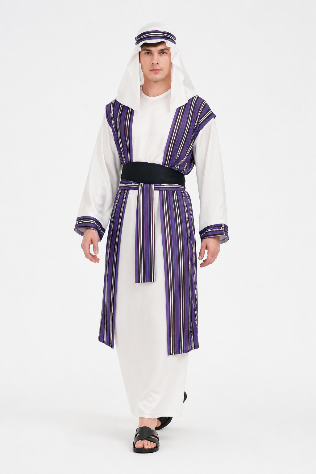 White Arabic Costume with Purple Stripes and Turban Costumes detail