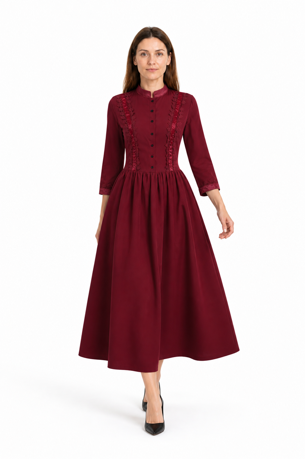 Gothic Lace Dress with High Collar, Burgundy Costume Dresses detail 2
