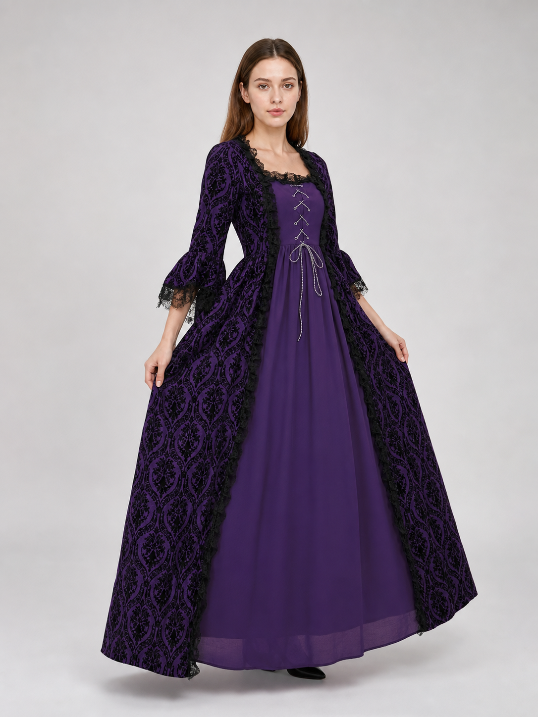 Long Renaissance-Style Dress with Lace Sleeves