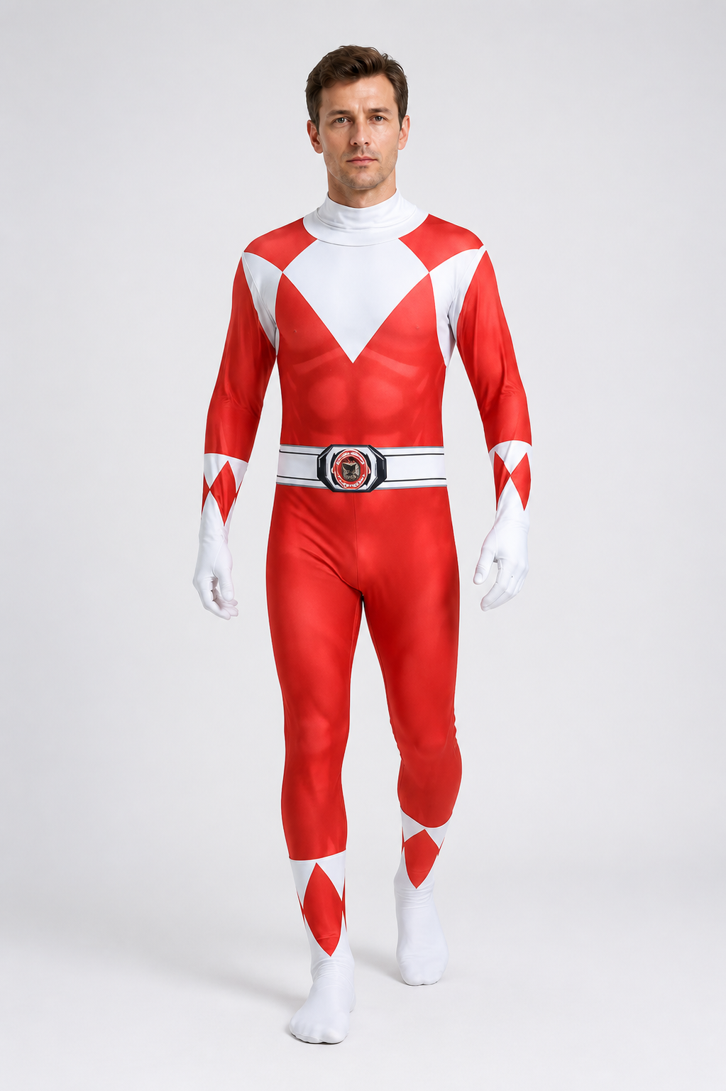 Red and White Superhero Jumpsuit with Mask Costume Masks detail 2