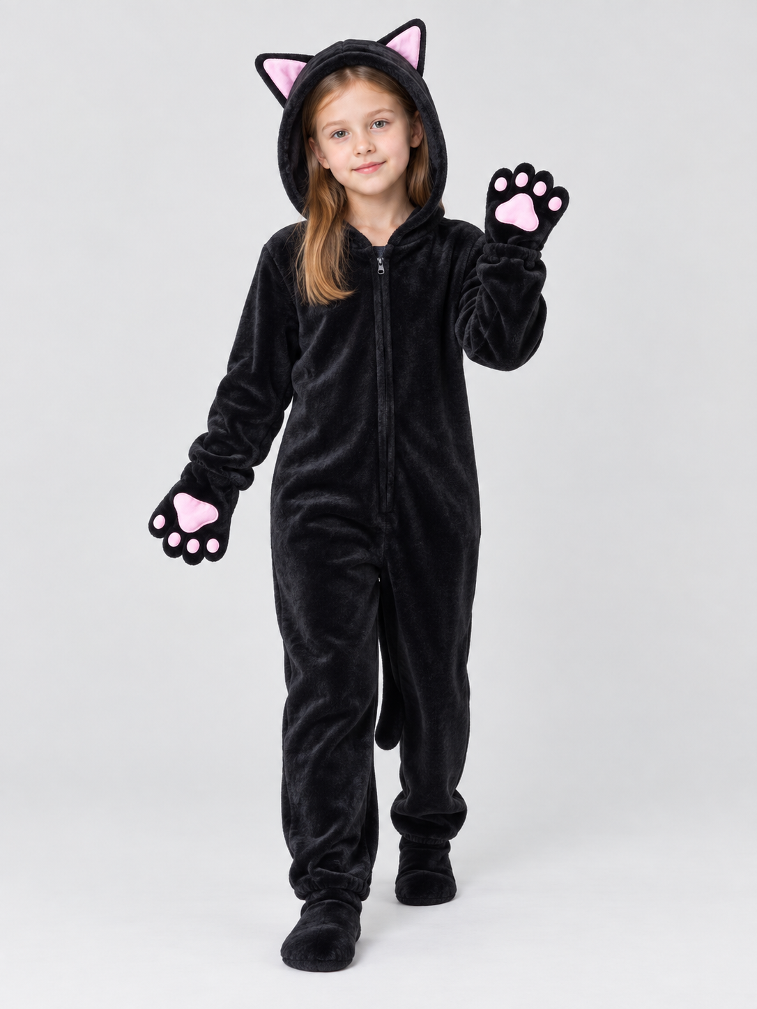 Black Plush Hooded Pajama Jumpsuit with Cat Hood
