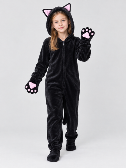Black Plush Hooded Pajama Jumpsuit with Cat Hood