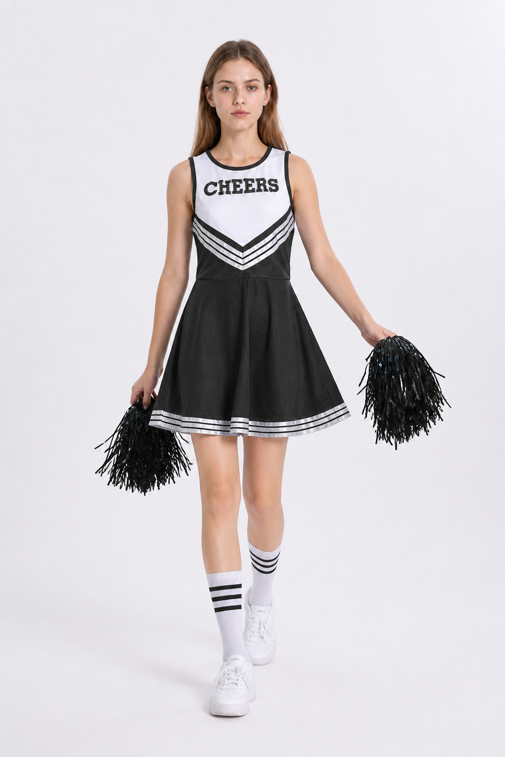 Sleeveless Cheerleader Dress with CHEERS Lettering, Black and White Costume Dresses detail