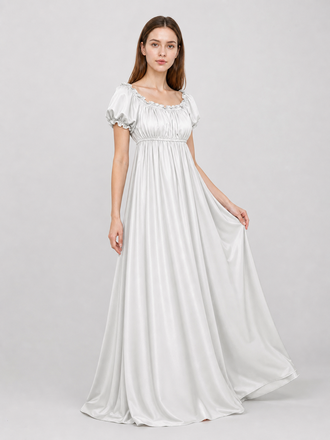 White Long Bridgerton Dress with Sleeves