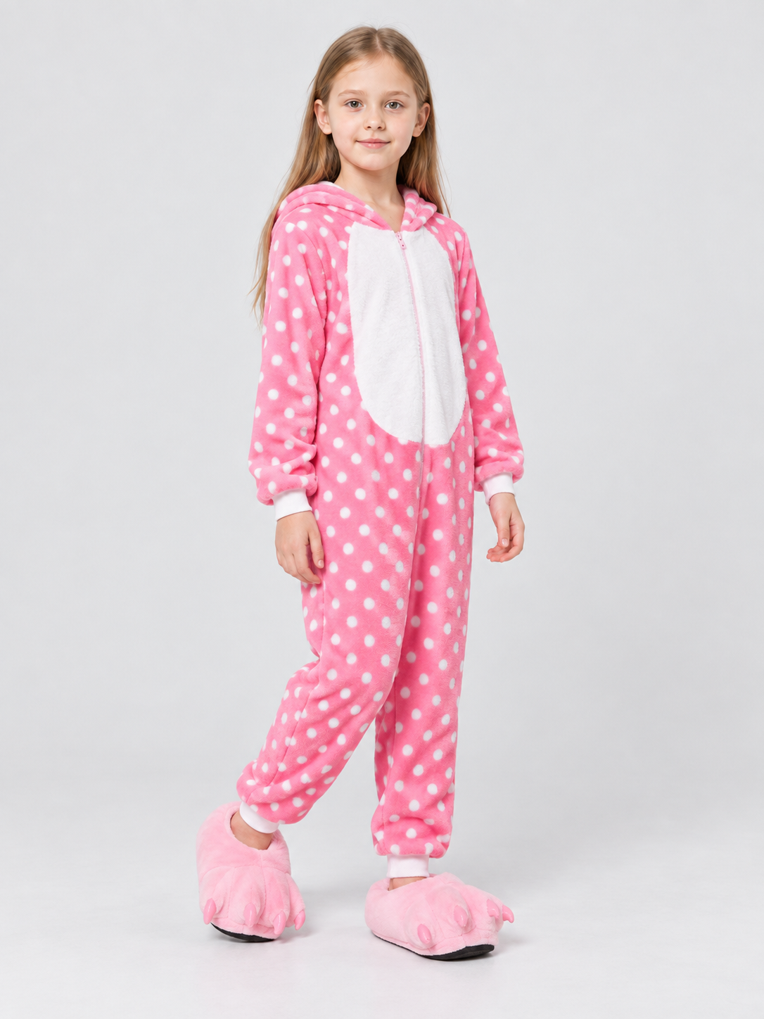 Kids' Hooded One-Piece Pajama, Pink with Polka Dots