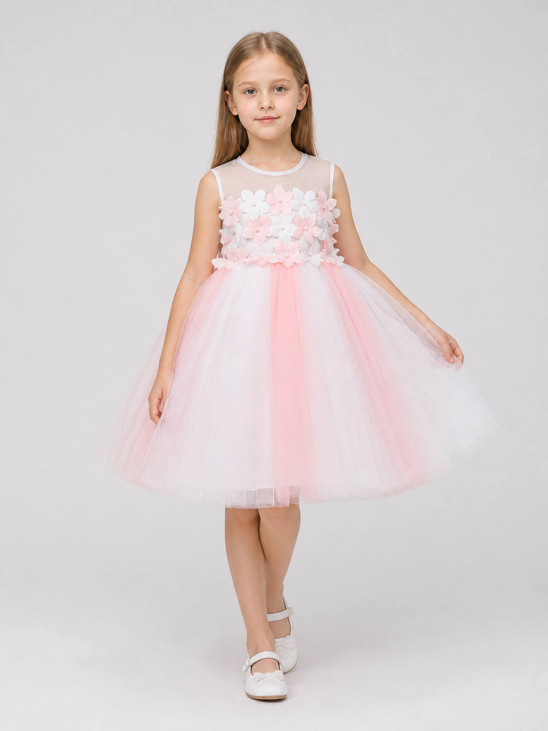 Pink and White Tulle Tutu Dress for Girls with Flowers