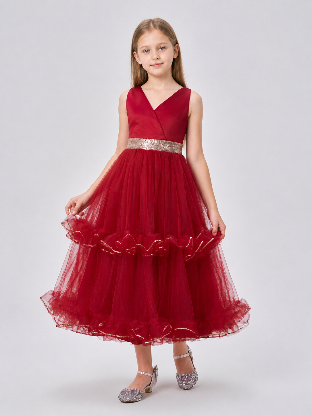 Burgundy Long Princess Dress with V-Neck for Performances