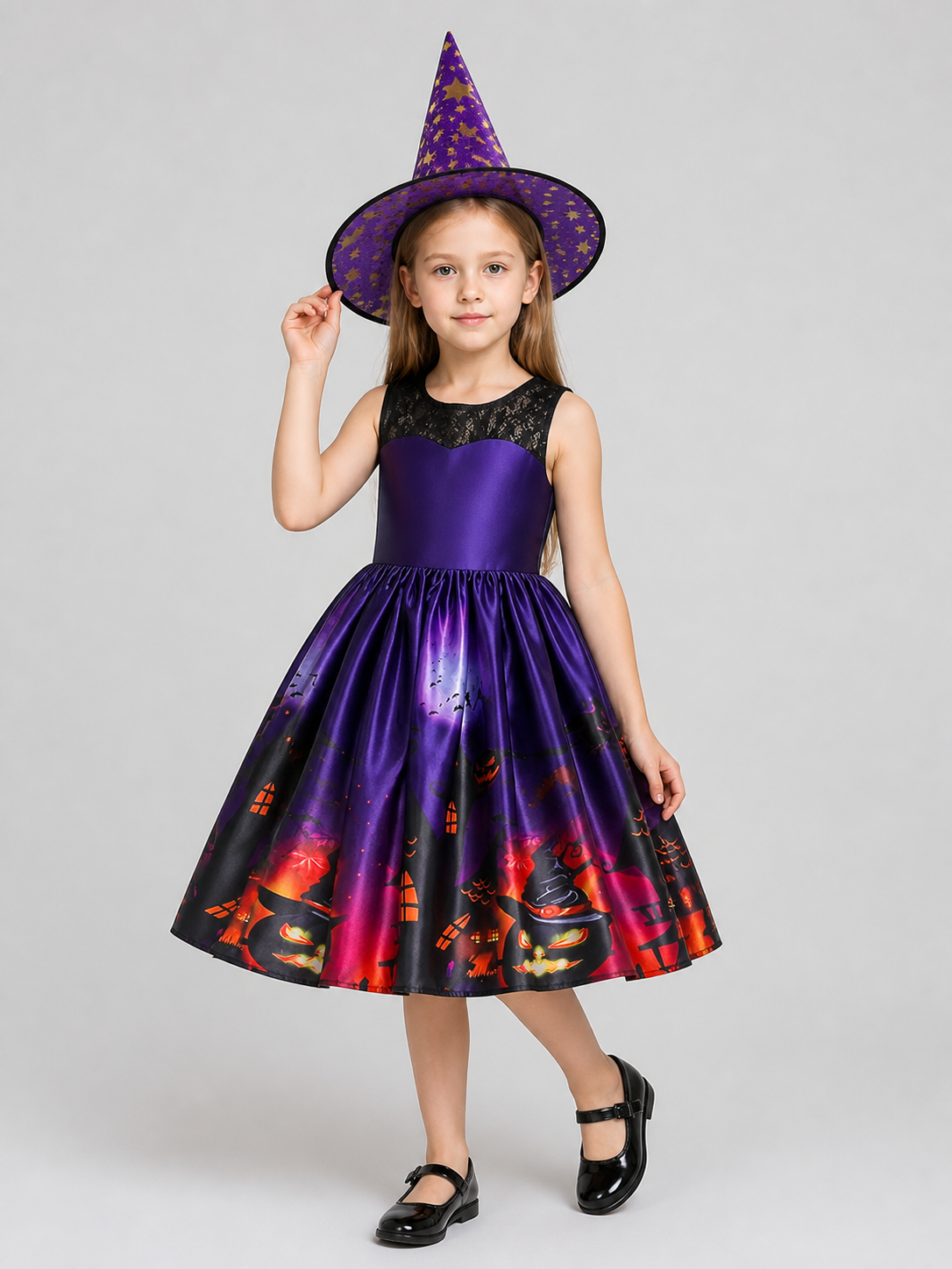 Kids' Witch Costume Dress with Hat, Purple, Halloween Costume Dresses detail 2