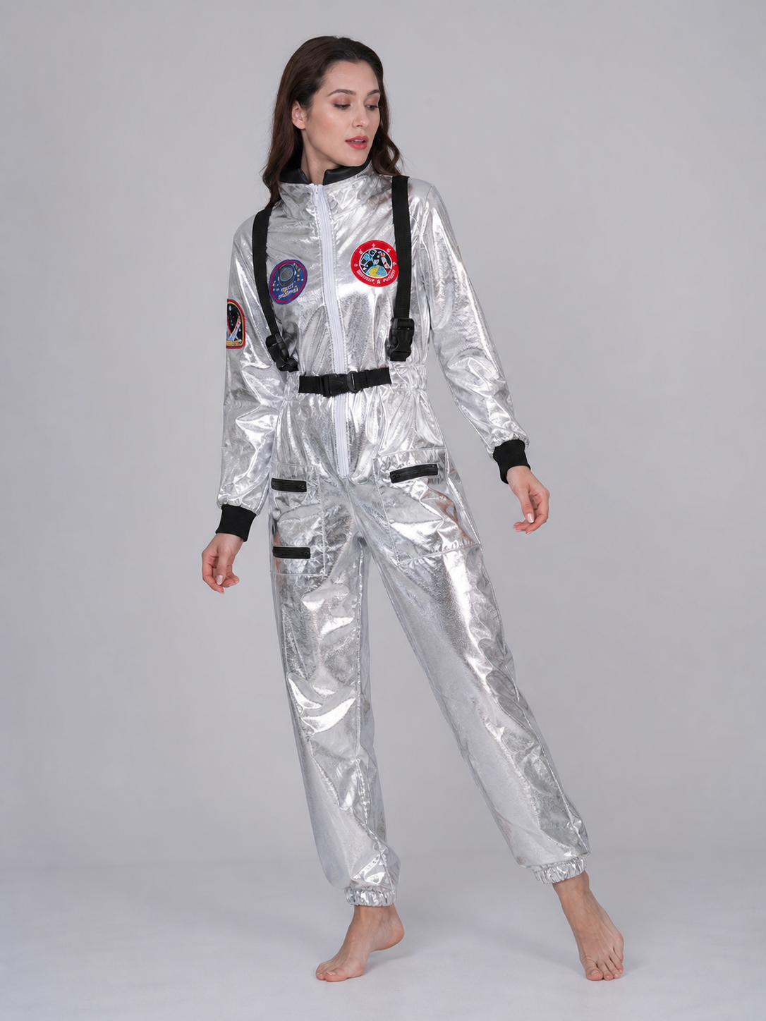 Silver astronaut costume with pockets and emblems