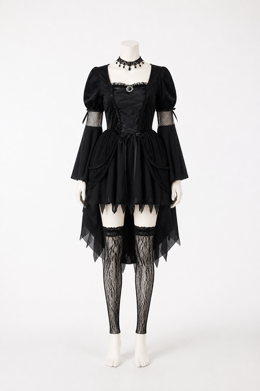 Black Gothic Witch Dress with an Asymmetrical Hem Costume Dresses detail 2