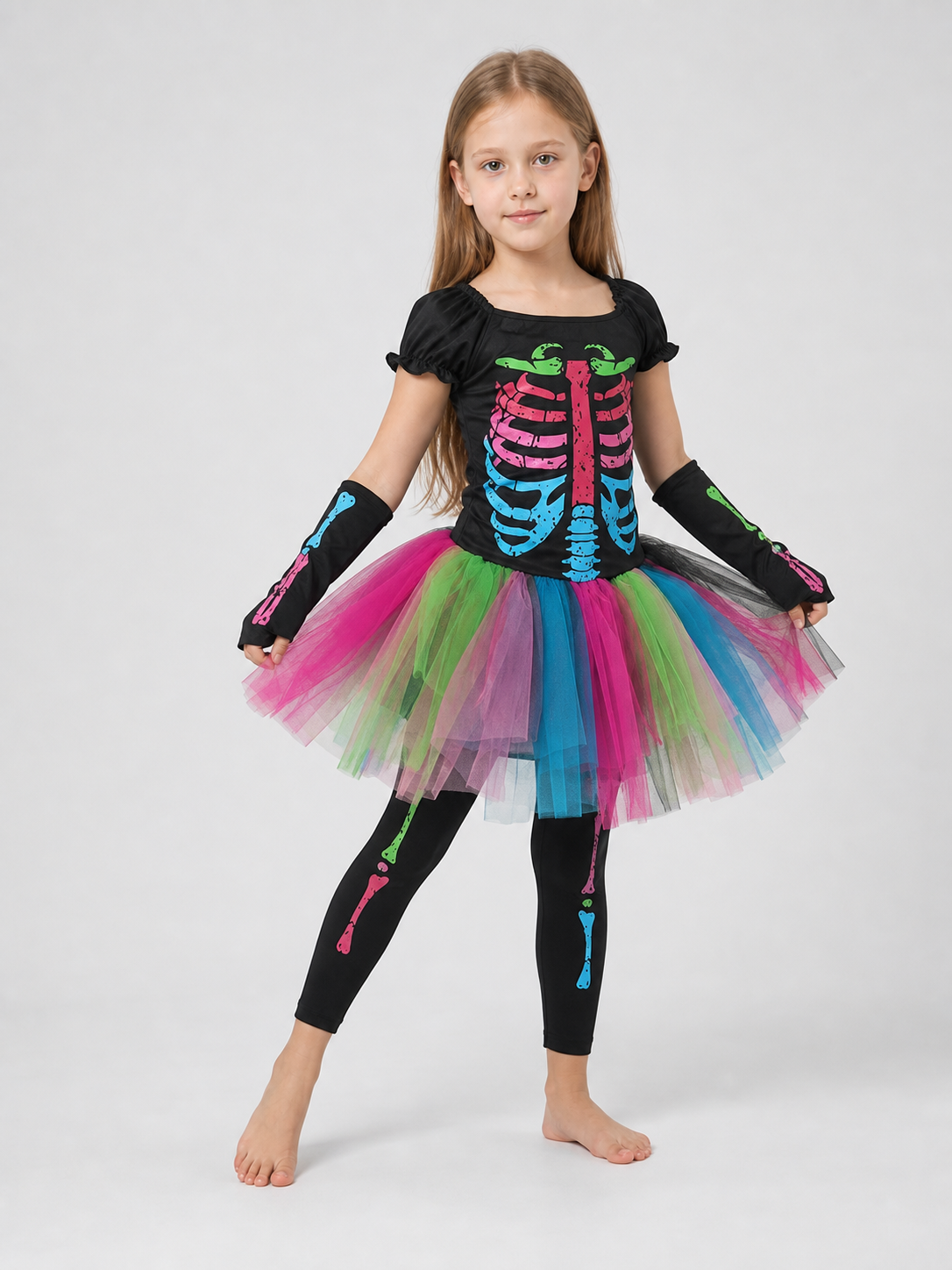 Skeleton costume with a multicolored skirt