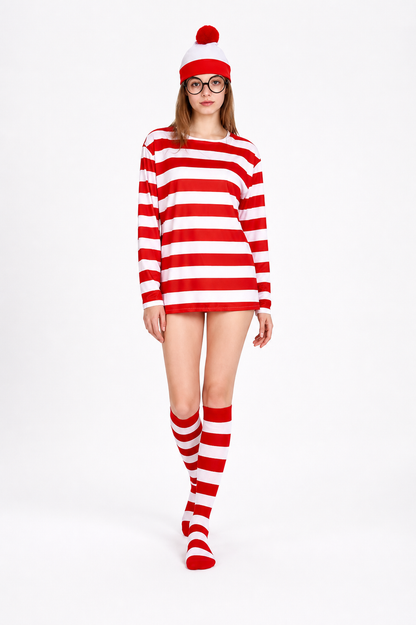 Wally Striped Costume with Hat and Glasses Costume Headwear detail 2