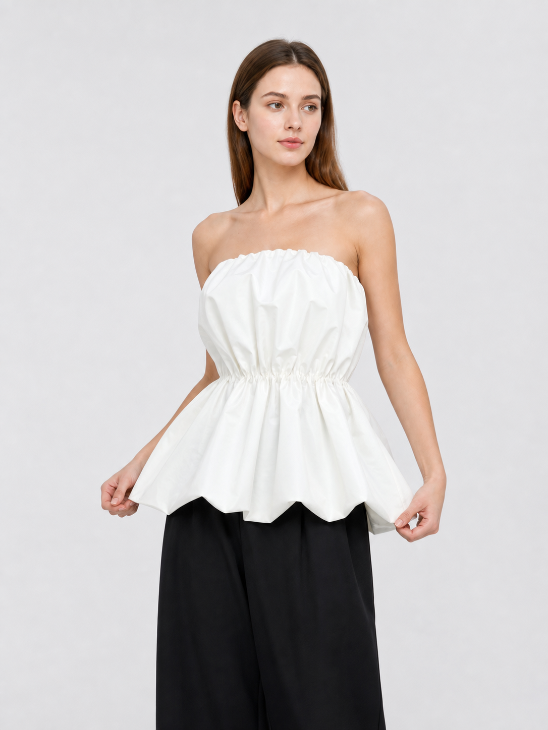 White Strapless Bustier Top with Draped Peplum