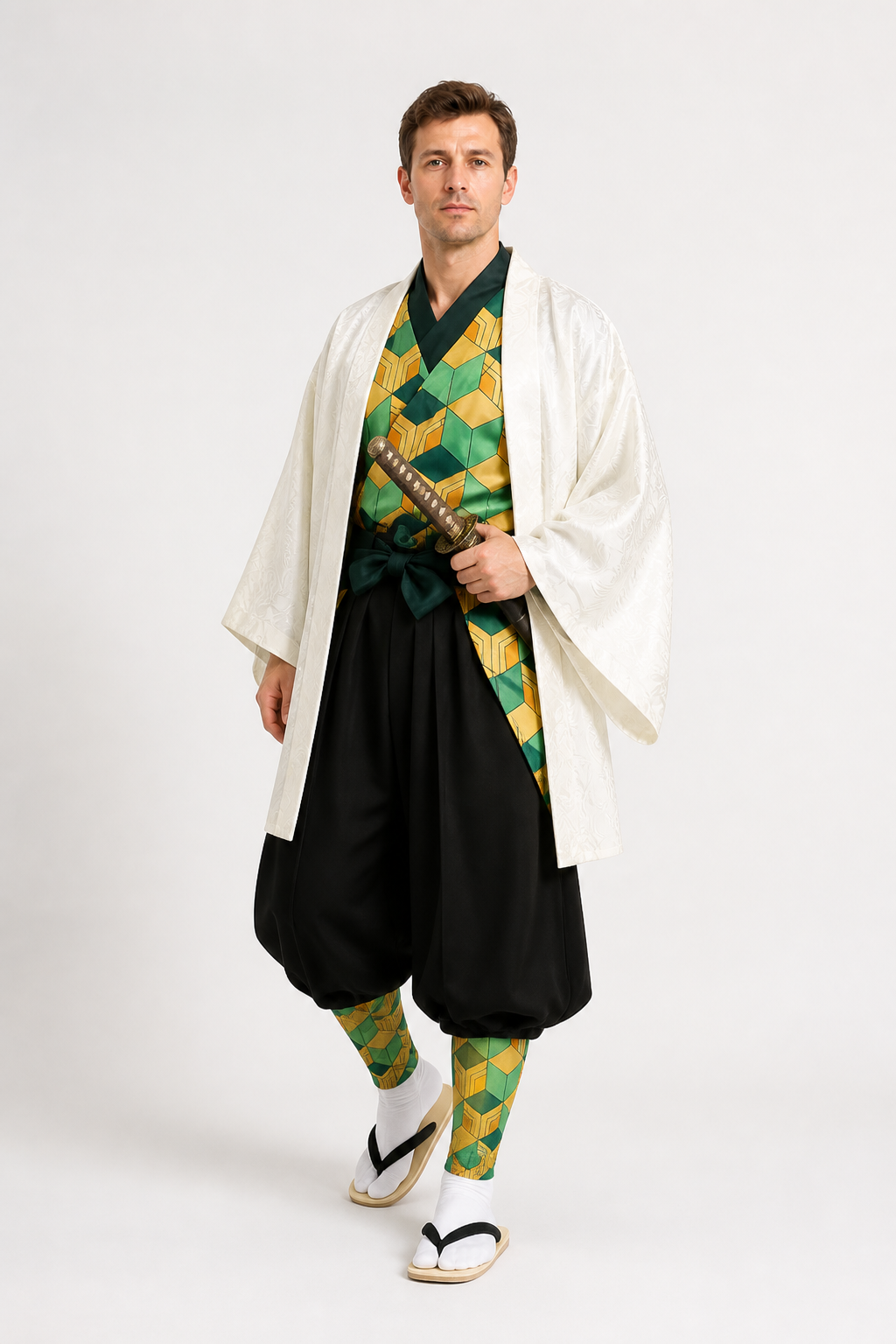 Sabito Cosplay Costume with White Haori and Geometric Pattern Costumes detail 2