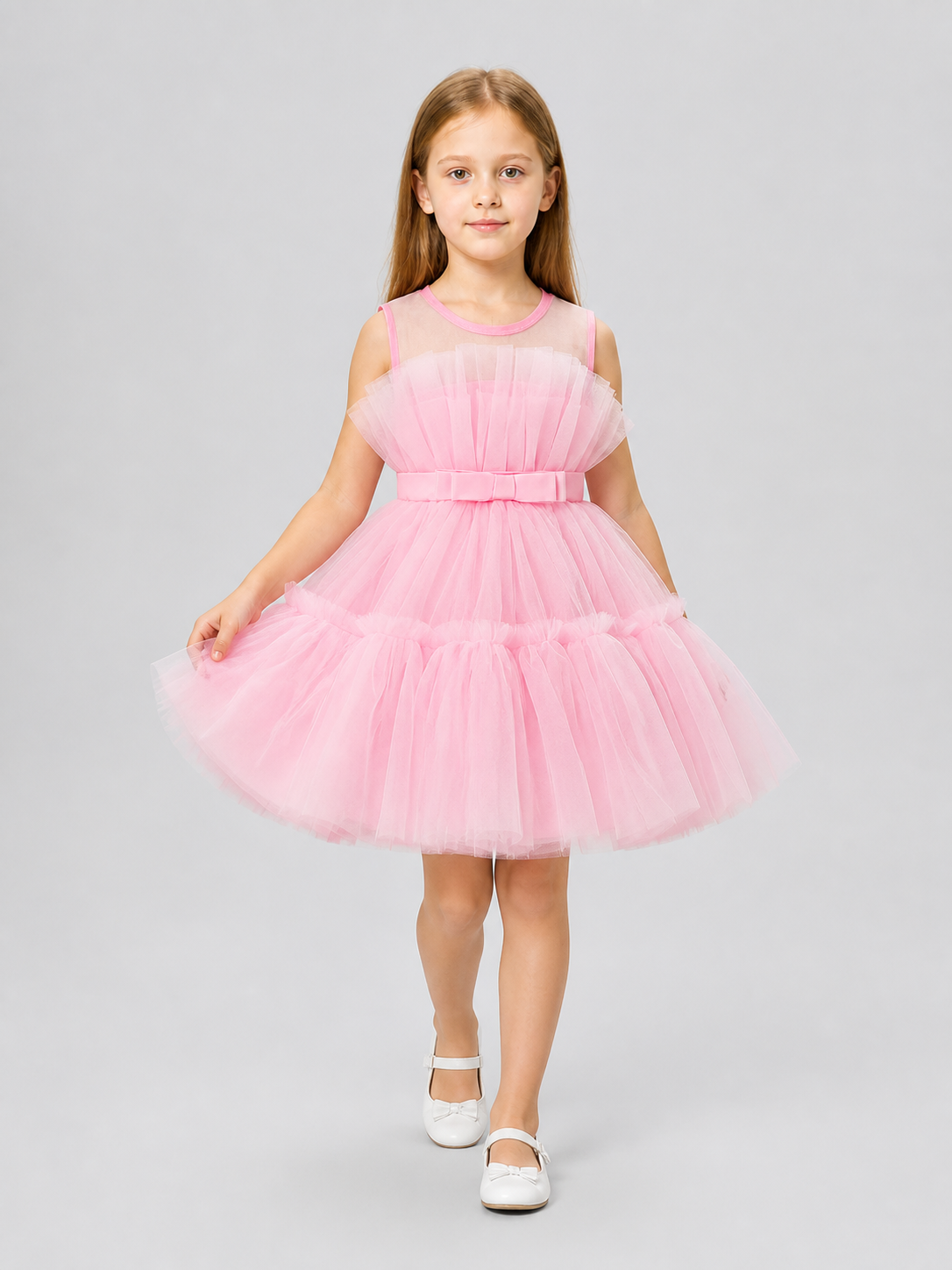 Puffy Pink Dress with a Layered Skirt and Bow Costume Dresses detail 2
