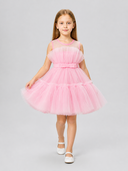 Puffy Pink Dress with a Layered Skirt and Bow Costume Dresses detail 2
