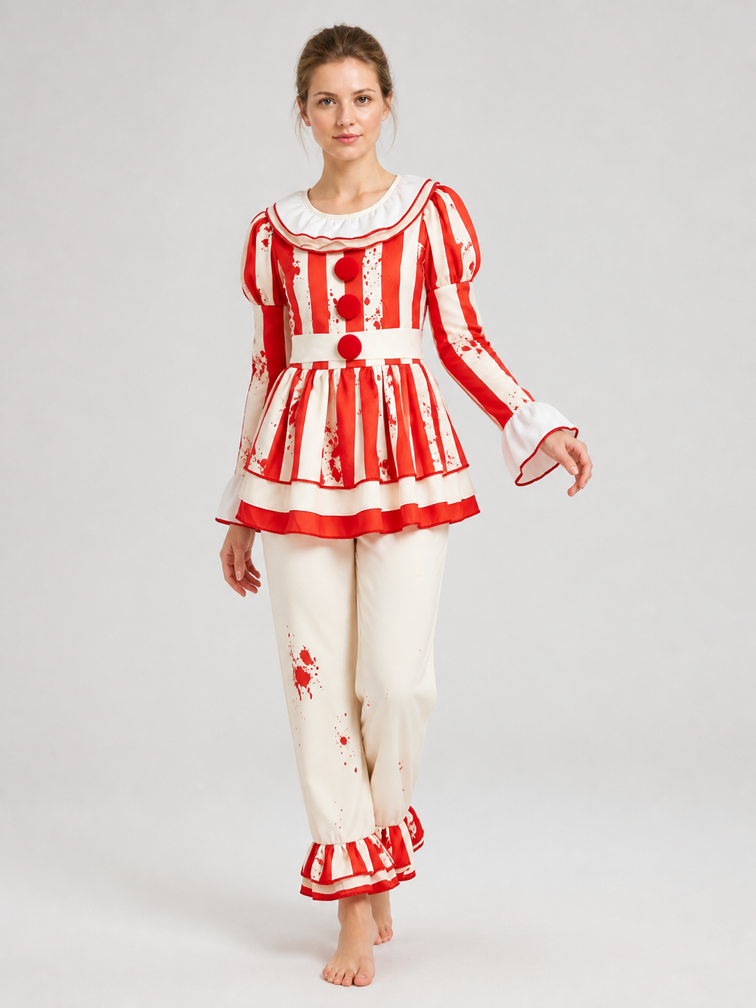 Children's Red-and-White Striped Clown Costume with Ruffles Costumes detail 2