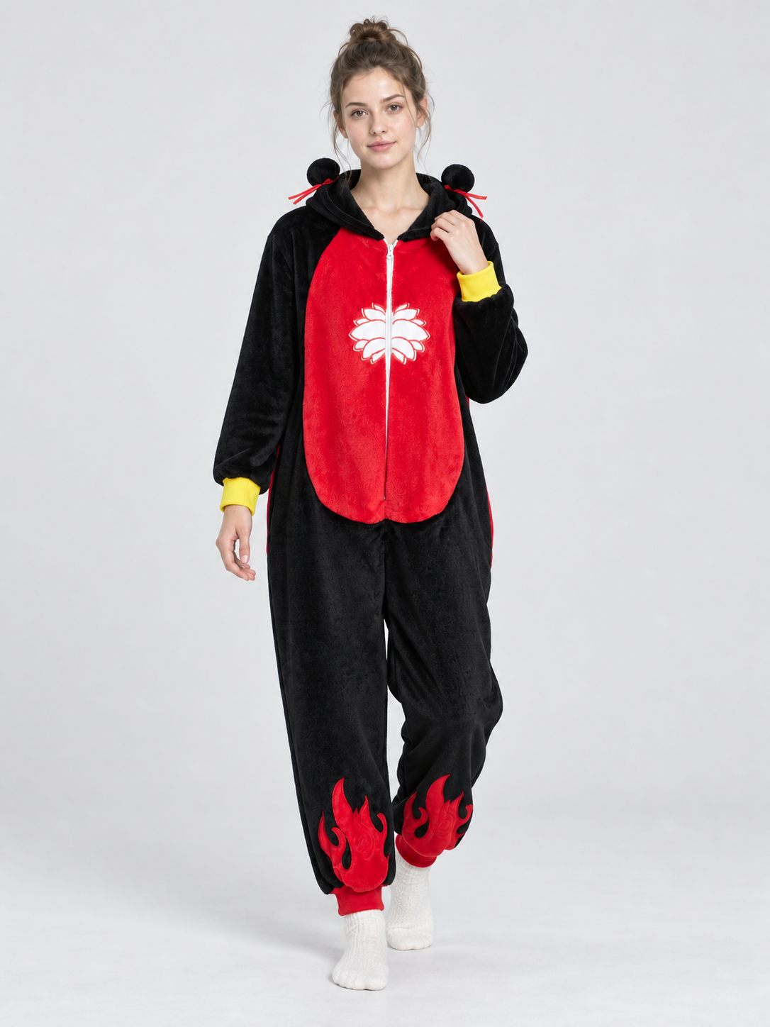 Flannel Kigurumi Pajama with Hood and Drawstrings