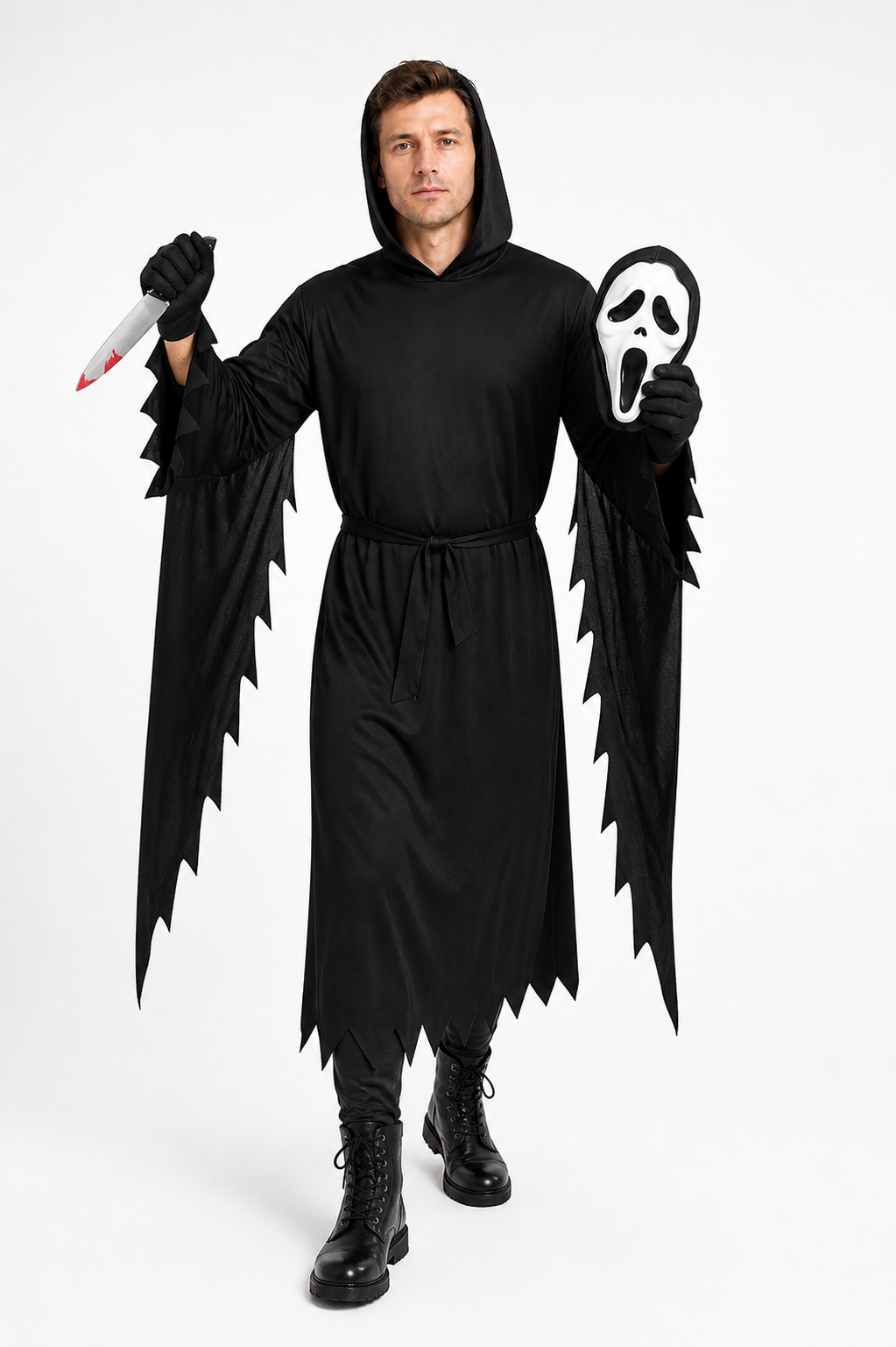 Scream Costume with Hood and Mask, Black Tattered Cloak