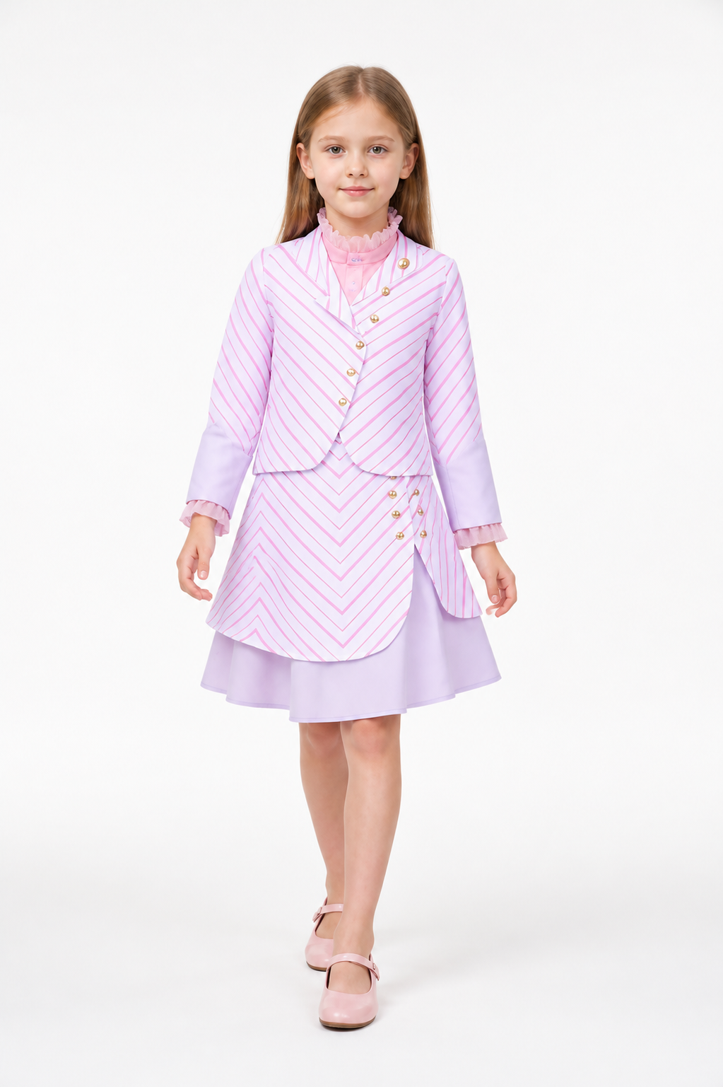 Kids Wicked Glinda Costume Set – 3 Piece Pink Striped Outfit with Gold Buttons on-model alternate view