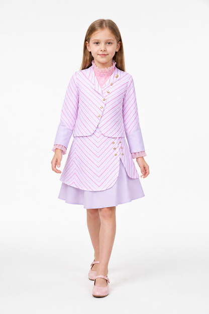 Kids Wicked Glinda Costume Set – 3 Piece Pink Striped Outfit with Gold Buttons on-model alternate view
