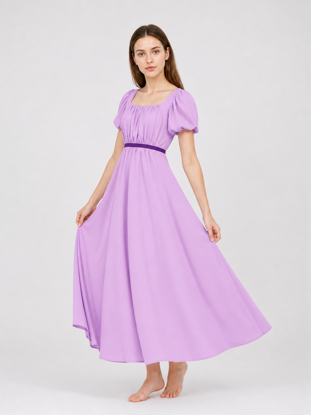 Regency-Style Dress with a Belt and Puff Sleeves