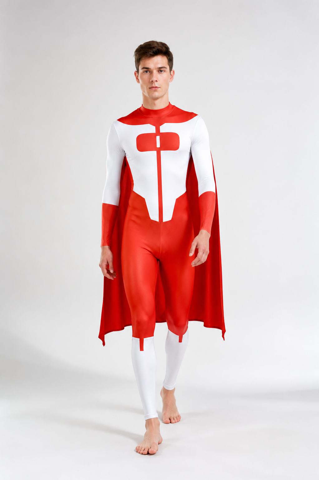 Red-and-White Jumpsuit with Cape and Long Sleeves