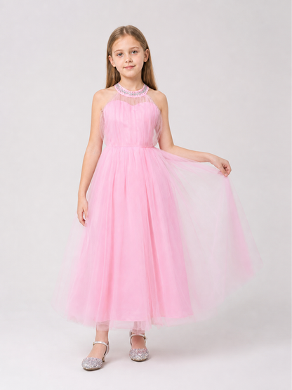 Pink Dress with a Full Skirt and Halter Neckline