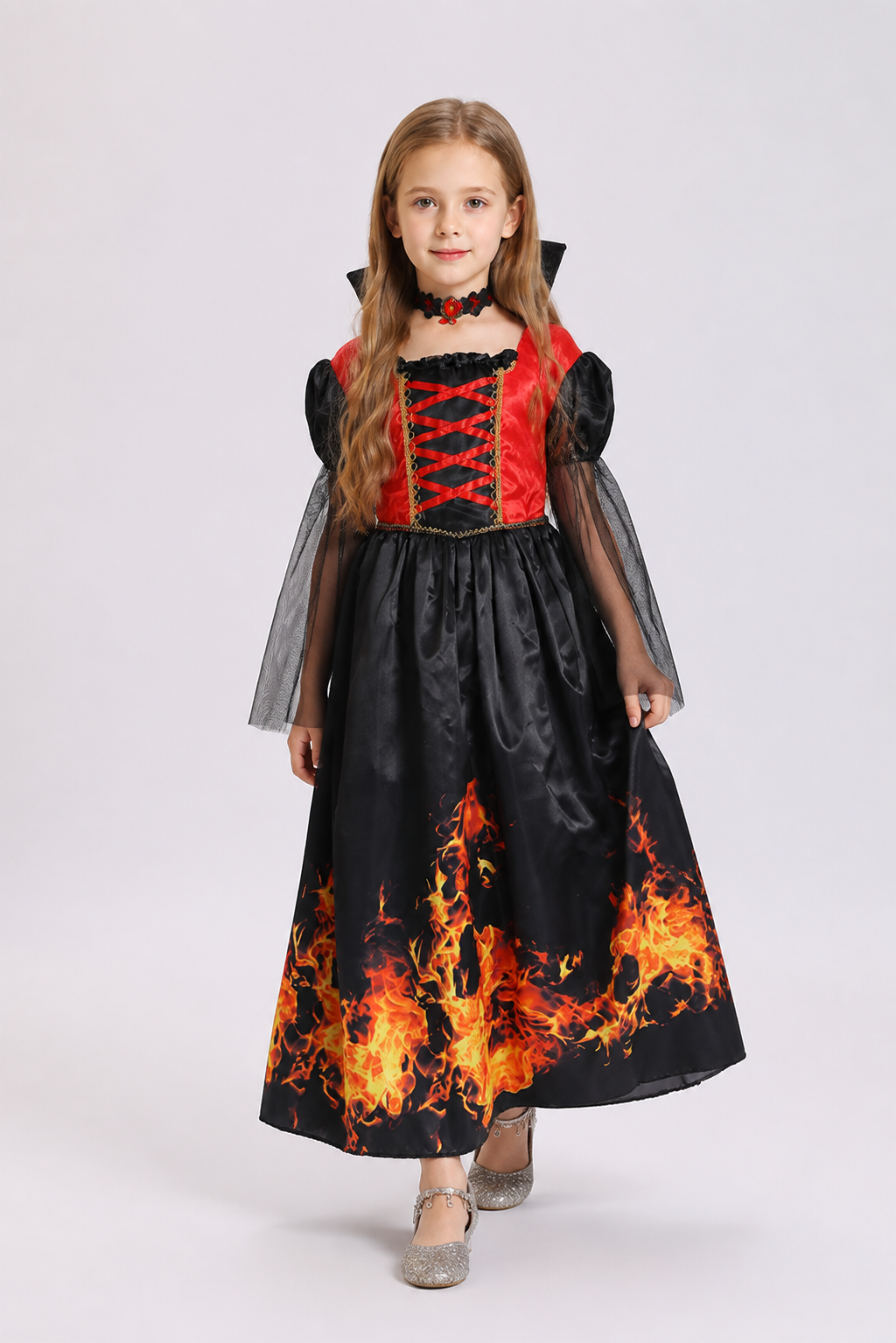 Halloween Dress with Flame Print and Puff Sleeves on-model alternate view