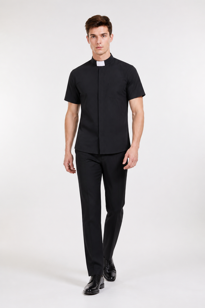 Black Short-Sleeve Shirt with Stand Collar product detail 2