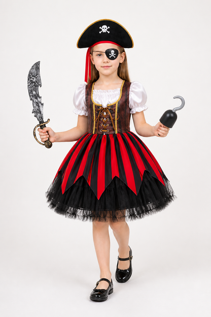 Pirate Costume with Red-and-Black Skirt and Hat Costume Headwear detail 2