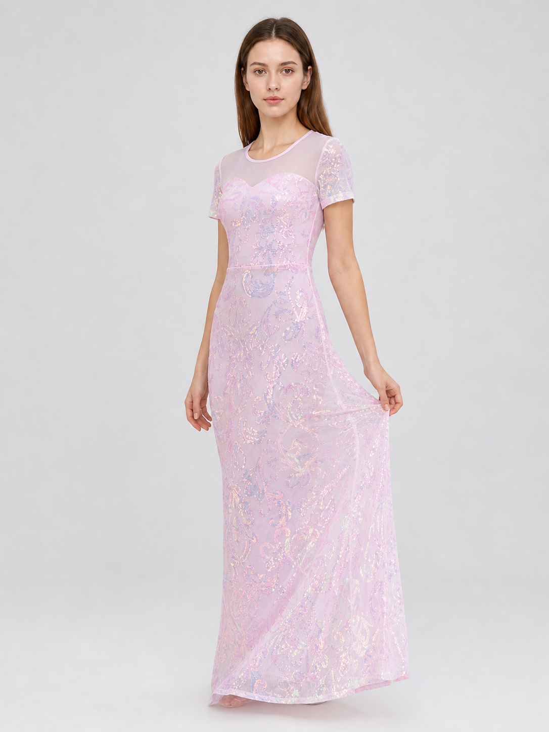 Floor-Length Evening Dress with Sequined Floral Pattern