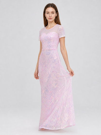 Floor-Length Evening Dress with Sequined Floral Pattern